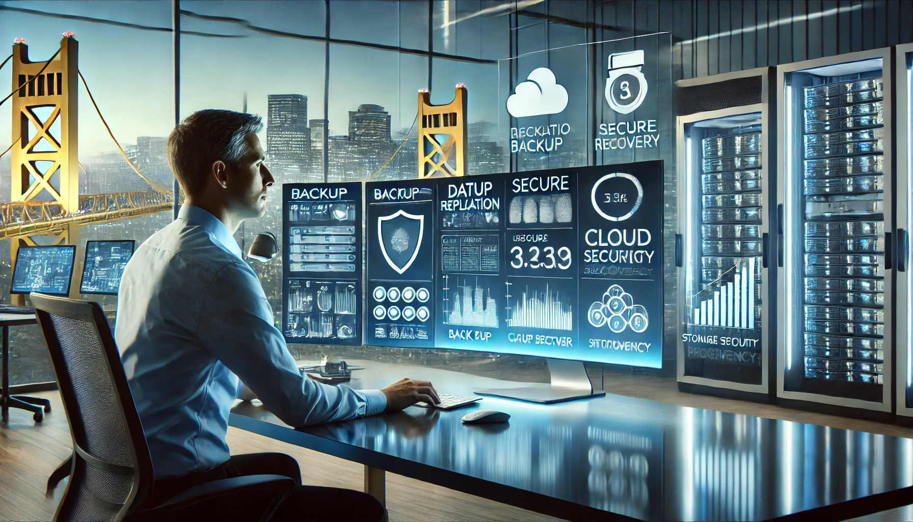 Data backup and recovery Sacramento IT professional monitoring secure cloud backups and disaster recovery systems with Sacramento skyline in background.