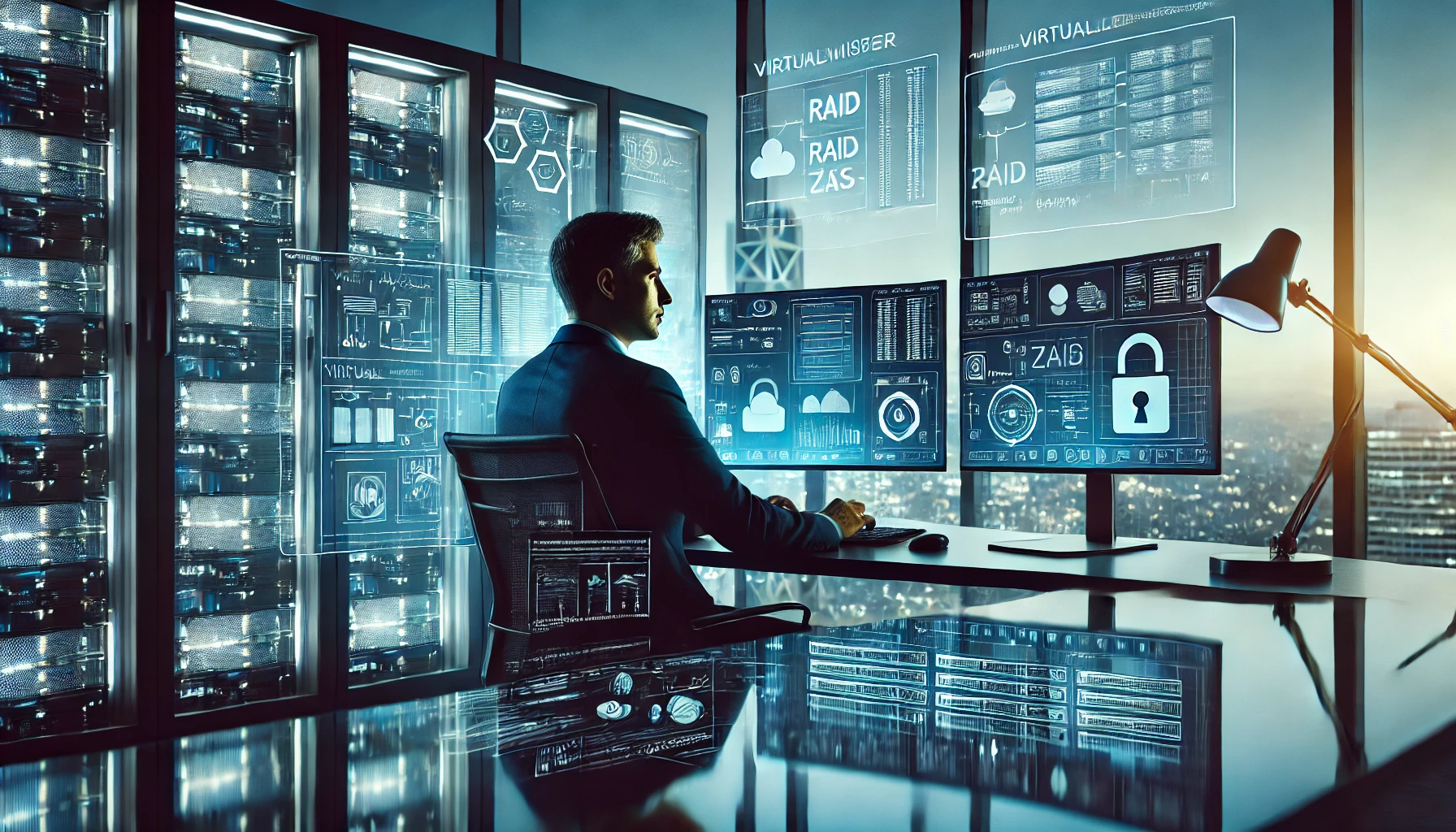 SMB virtualization infrastructure showing virtual servers running on VMware ESXi with SAN storage, replication, and backup systems in a modern managed IT environment