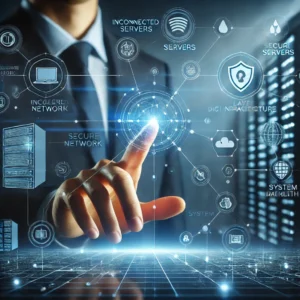 Business professional interacting with a glowing digital network interface showing interconnected servers, secure infrastructure icons, and system monitoring dashboards in a blue-toned enterprise IT environment.