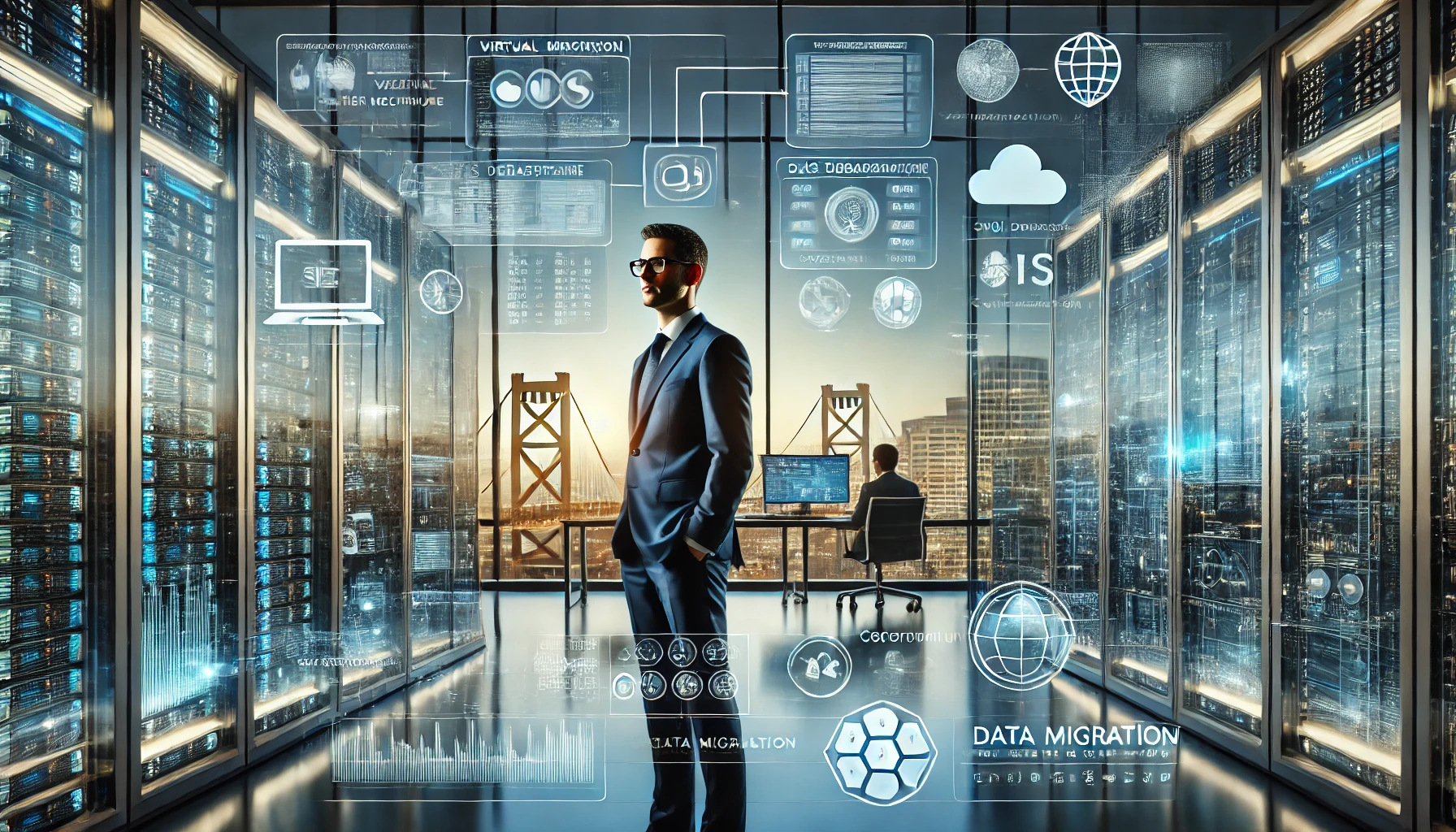 Outsourced management services professional overseeing server migration, SQL database systems, and secure network infrastructure in a modern corporate office setting