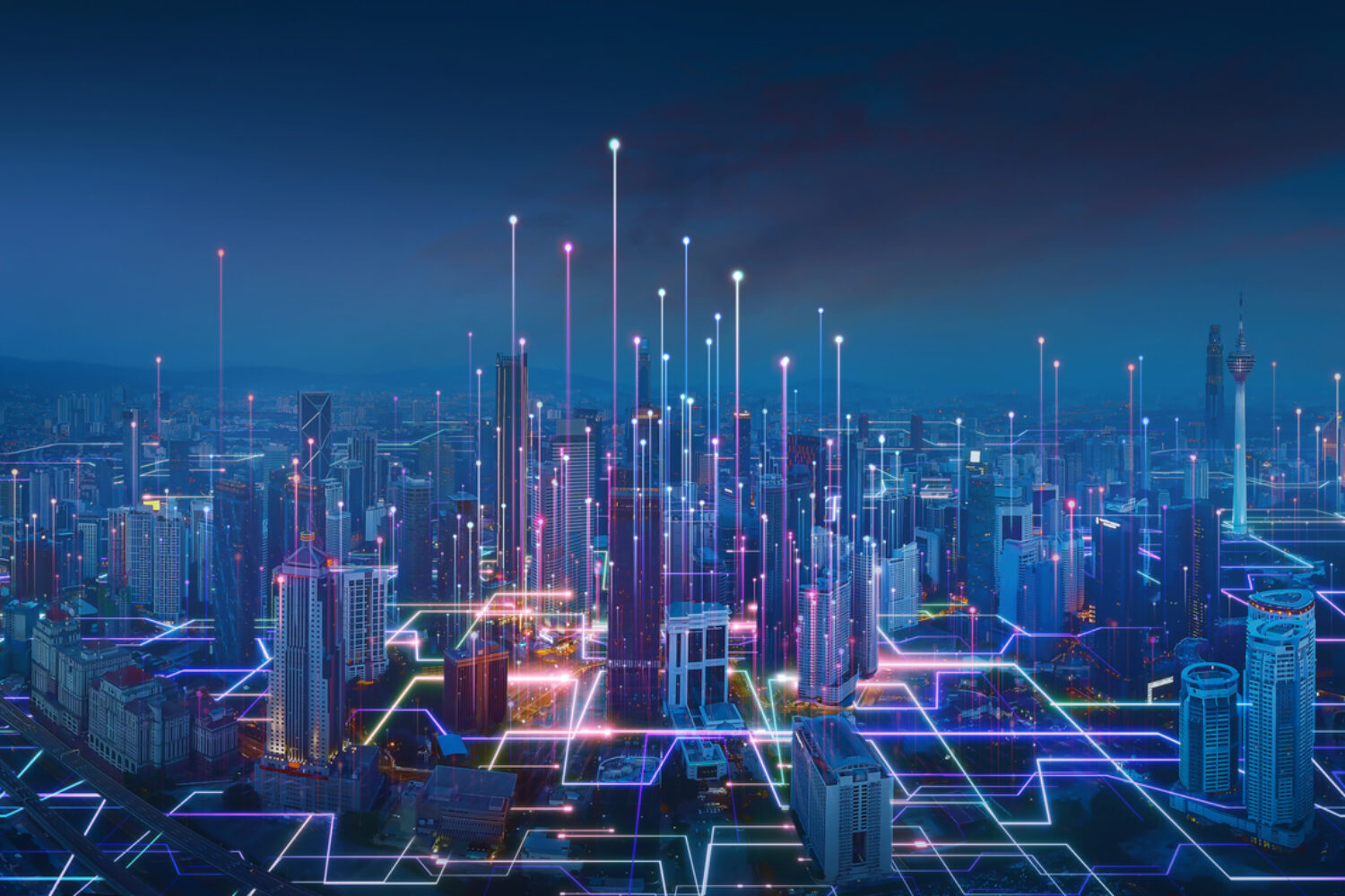 hybrid tech solutions, Smart city and abstract line and dot connect with gradient line design , big data connection technology concept. 3d render