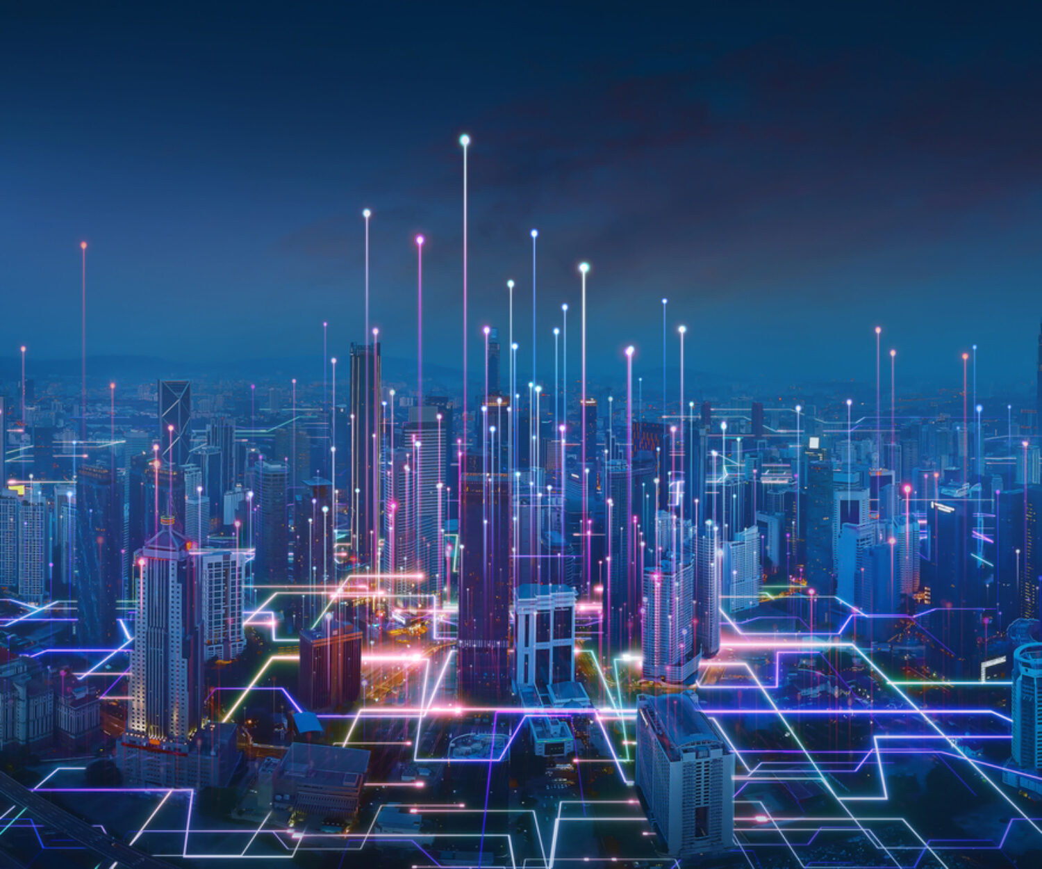 hybrid tech solutions, Smart city and abstract line and dot connect with gradient line design , big data connection technology concept. 3d render