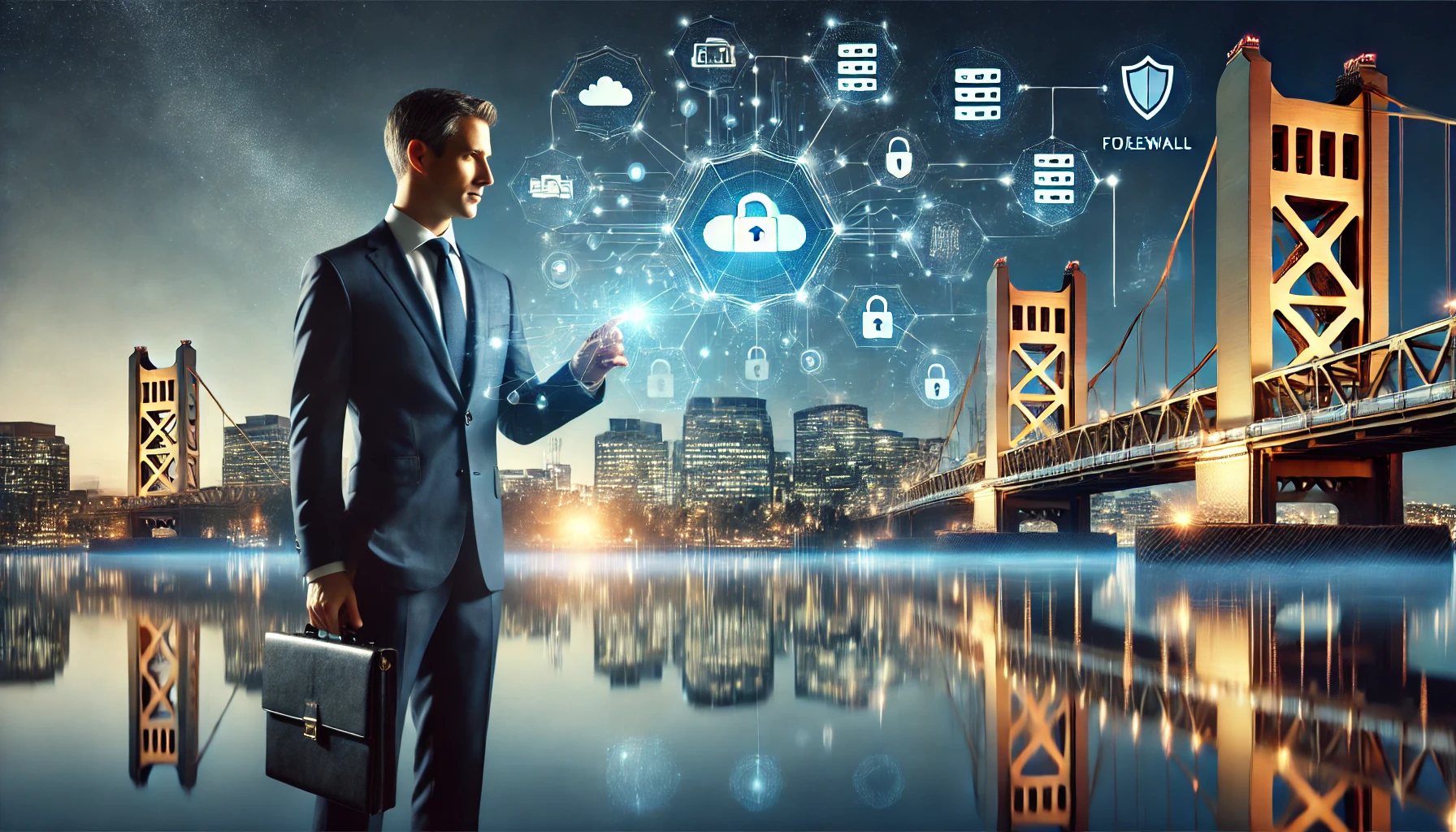 Business professional interacting with a holographic cybersecurity interface over the Sacramento skyline and Tower Bridge, representing a total secure technology managed IT services company in Sacramento focused on cloud security, firewalls, and network protection.