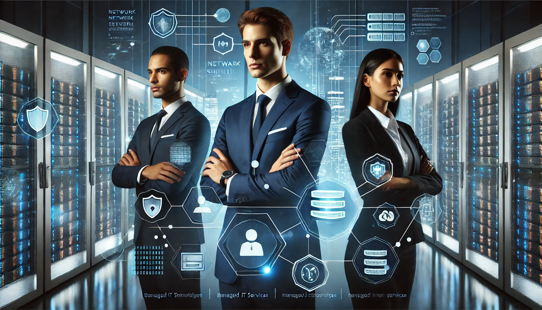 Computer network consultants standing in a modern data center with server racks, holographic network diagrams, cybersecurity shield icons, and cloud infrastructure overlays in deep blue corporate tones.