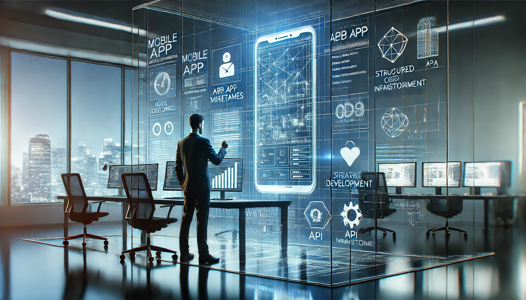 Professional software developer analyzing a mobile app interface with timeline, API, and infrastructure overlays, illustrating how long it takes to develop a mobile app in a modern corporate setting.