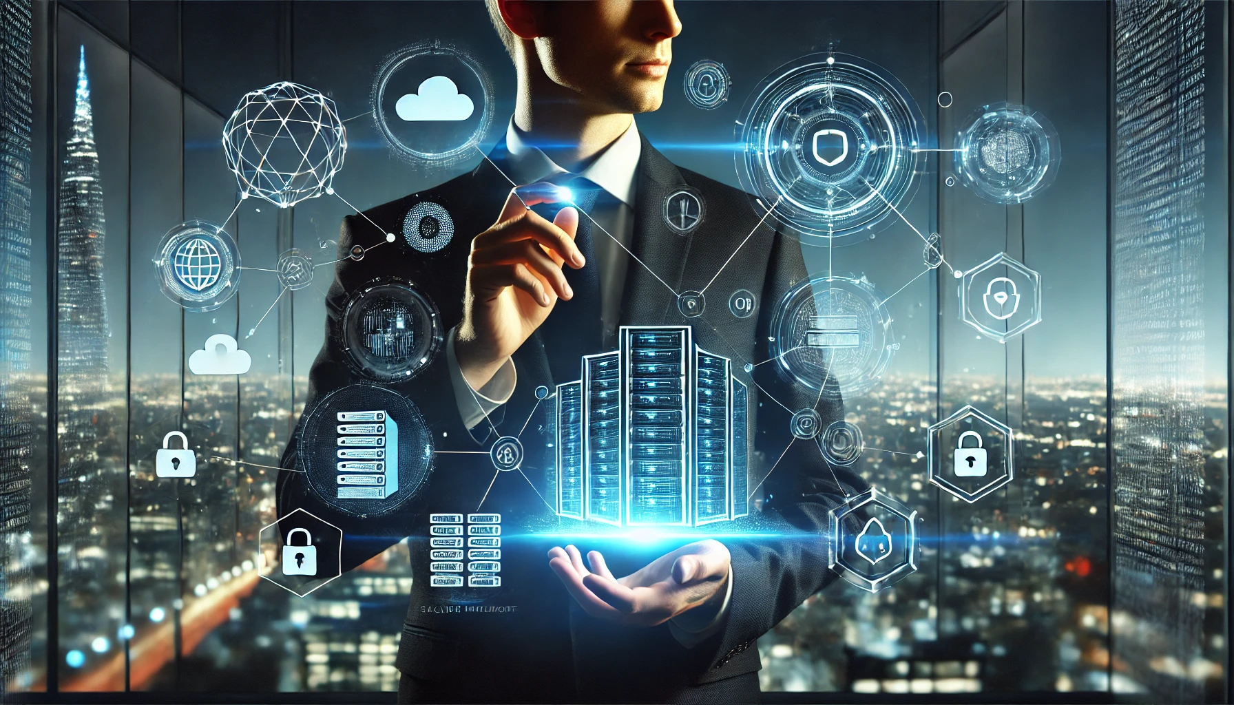 IT professional presenting capitol computer and network solutions with secure server infrastructure, cloud systems, and network security overlays in a modern corporate environment.