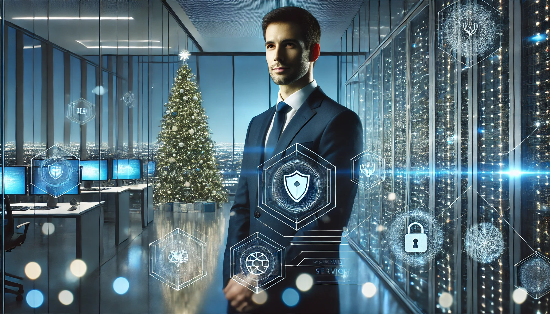 Top tech solutions for businesses at Christmas including secure network systems, cloud infrastructure, and cybersecurity protection in a modern office setting