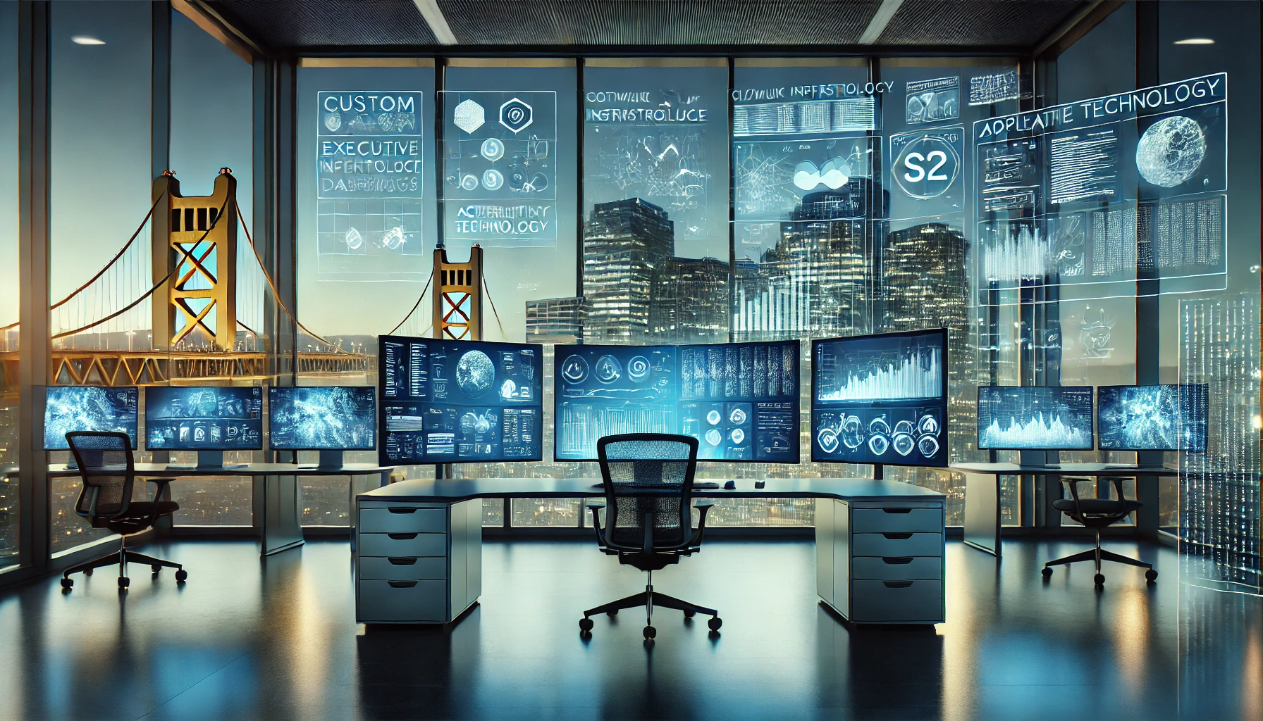 Modern executive office representing top software companies in Sacramento, featuring multiple large monitors displaying cloud dashboards, data analytics, cybersecurity panels, and application development screens, with the Sacramento Tower Bridge and city skyline visible through floor-to-ceiling windows in deep blue corporate tones.