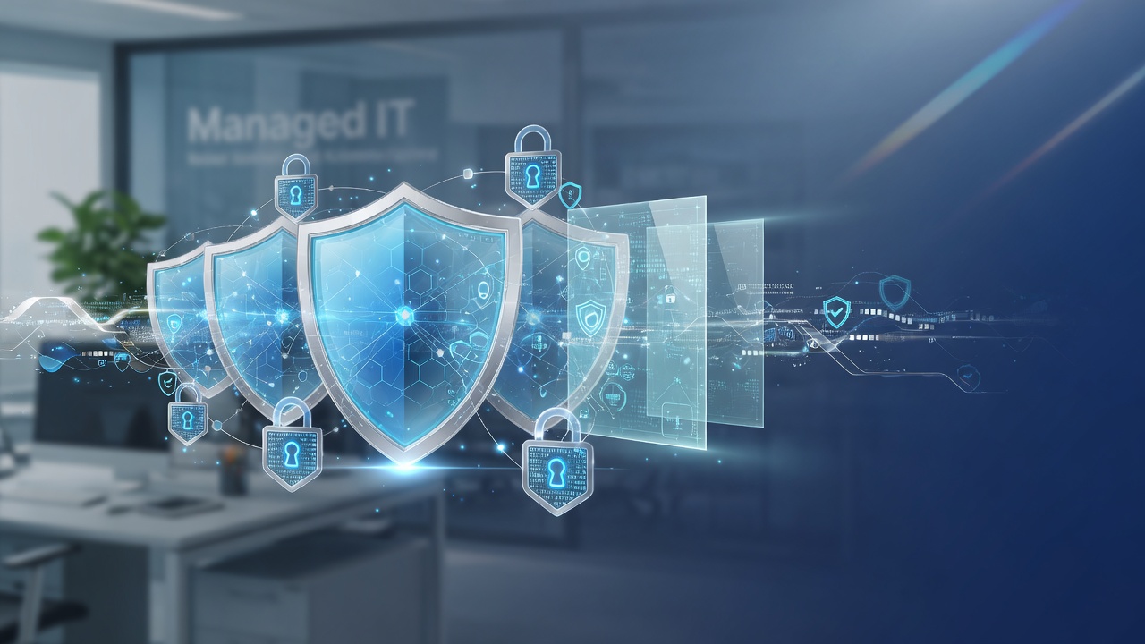 Professional network security solutions with protective holographic shields and secure data flows for small business protection