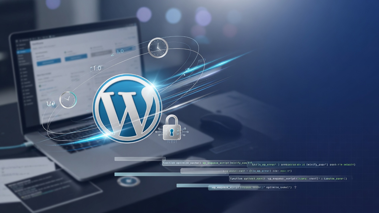 Reliable managed WordPress hosting with clean holographic WordPress dashboard and performance elements for small business websites