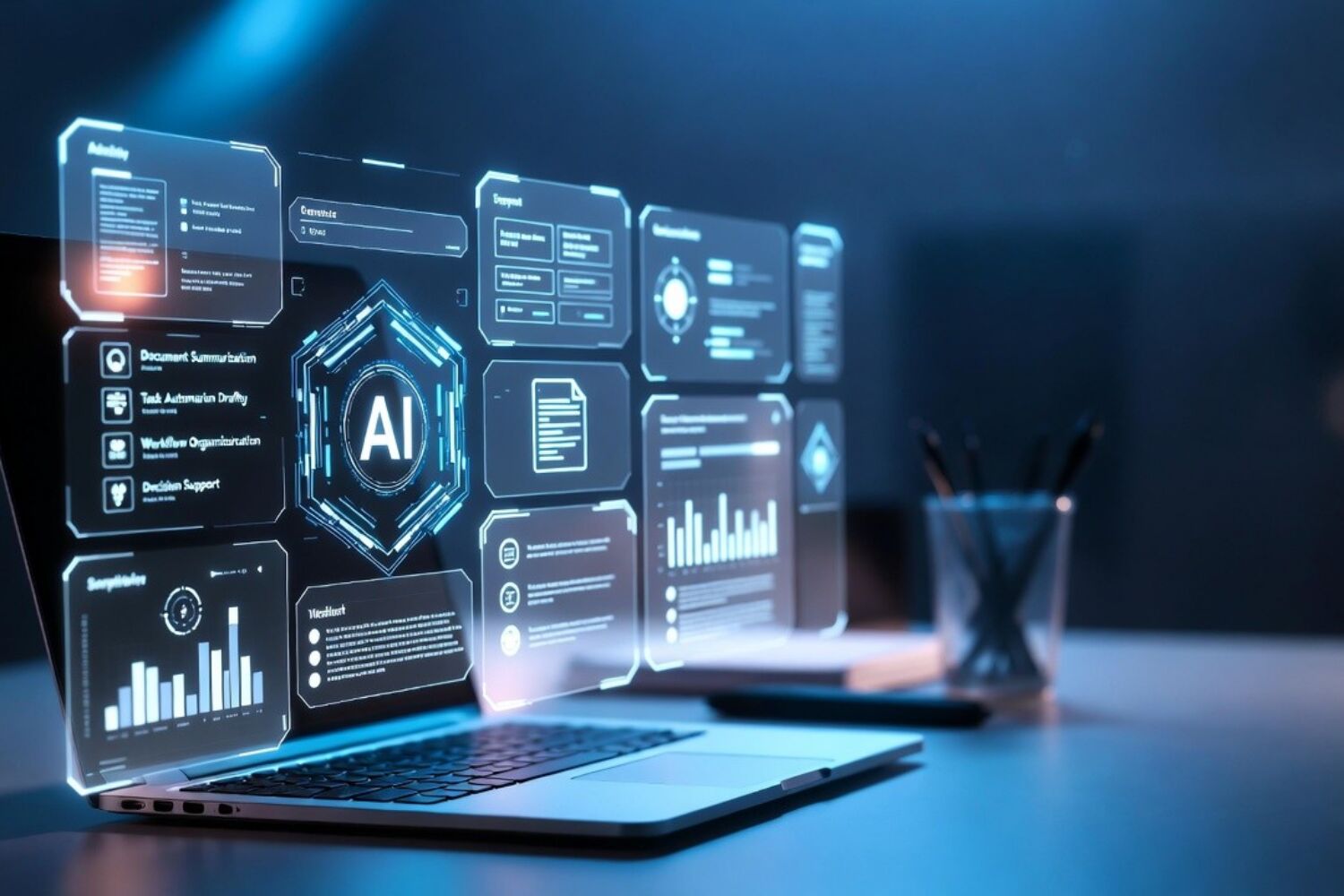 Futuristic AI dashboard with data visualizations and analytics displayed on a laptop screen with holographic interface.