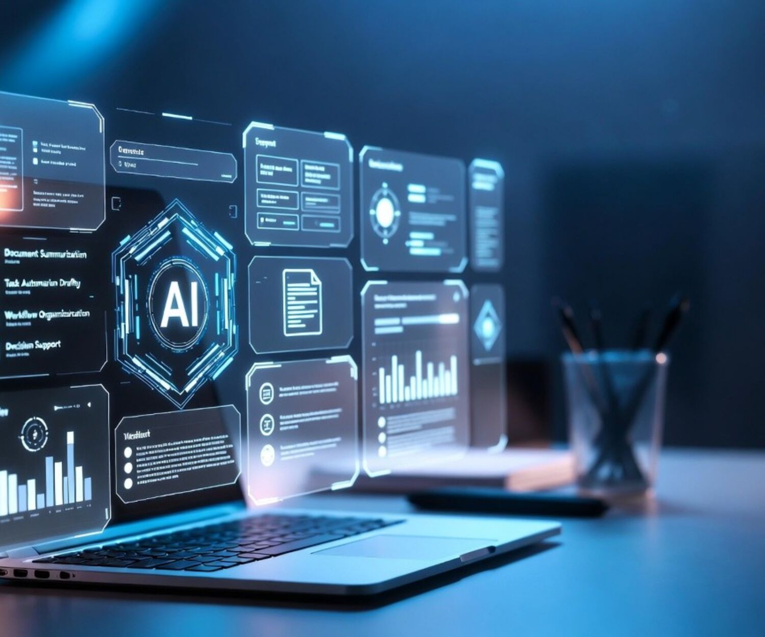 Futuristic AI dashboard with data visualizations and analytics displayed on a laptop screen with holographic interface.