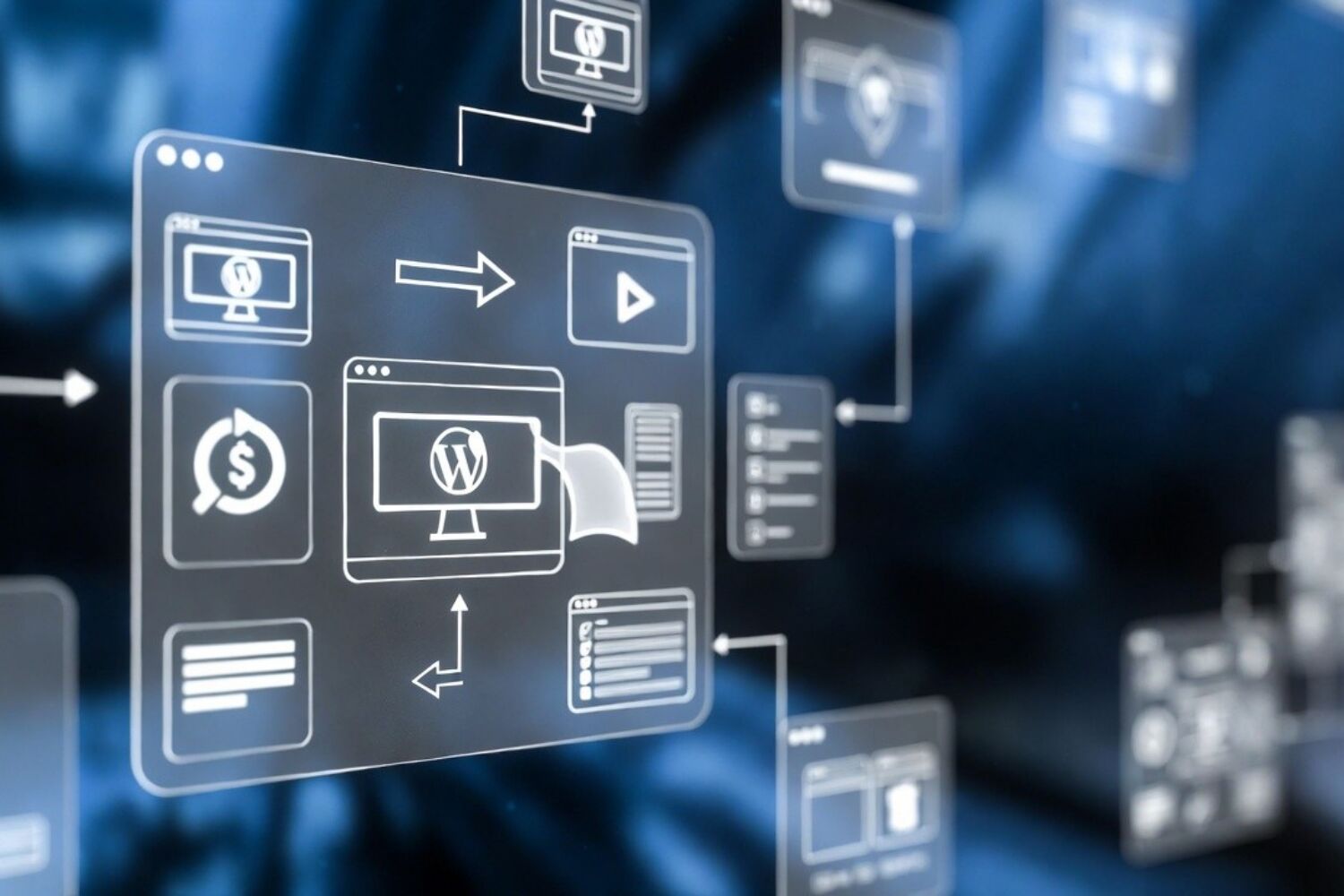 WordPress workflow diagram with icons for website, money, and content creation.