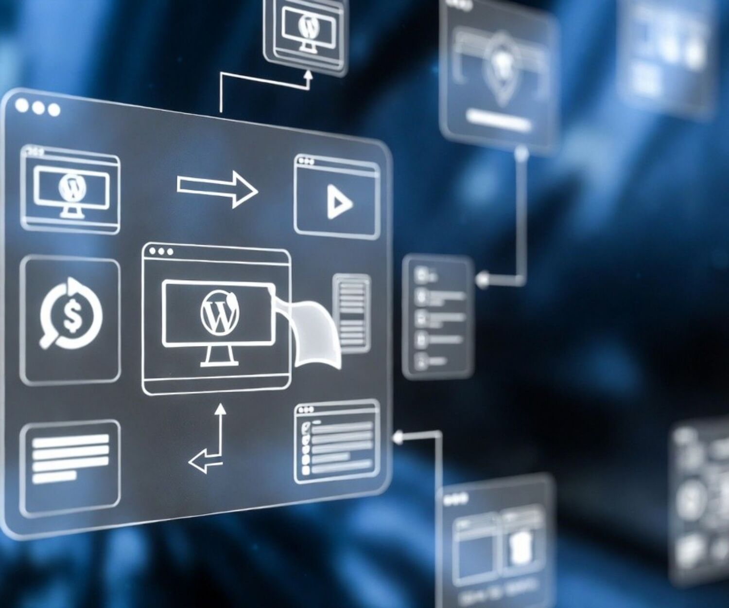 WordPress workflow diagram with icons for website, money, and content creation.