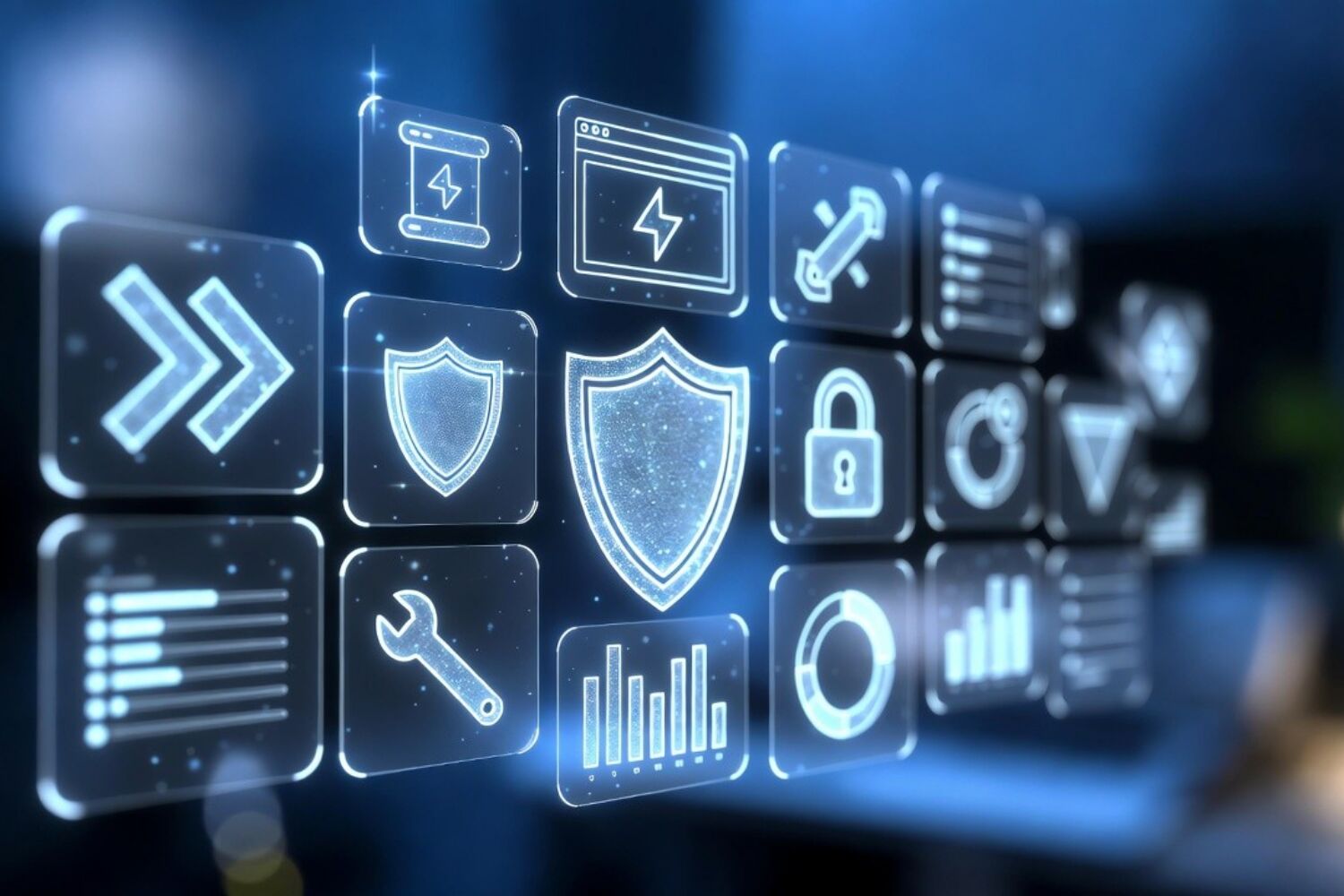 Digital icons representing cybersecurity, data analysis, and system optimization with a futuristic blue glow.