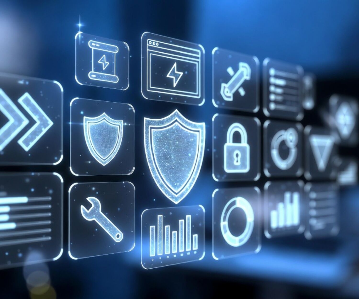 Digital icons representing cybersecurity, data analysis, and system optimization with a futuristic blue glow.
