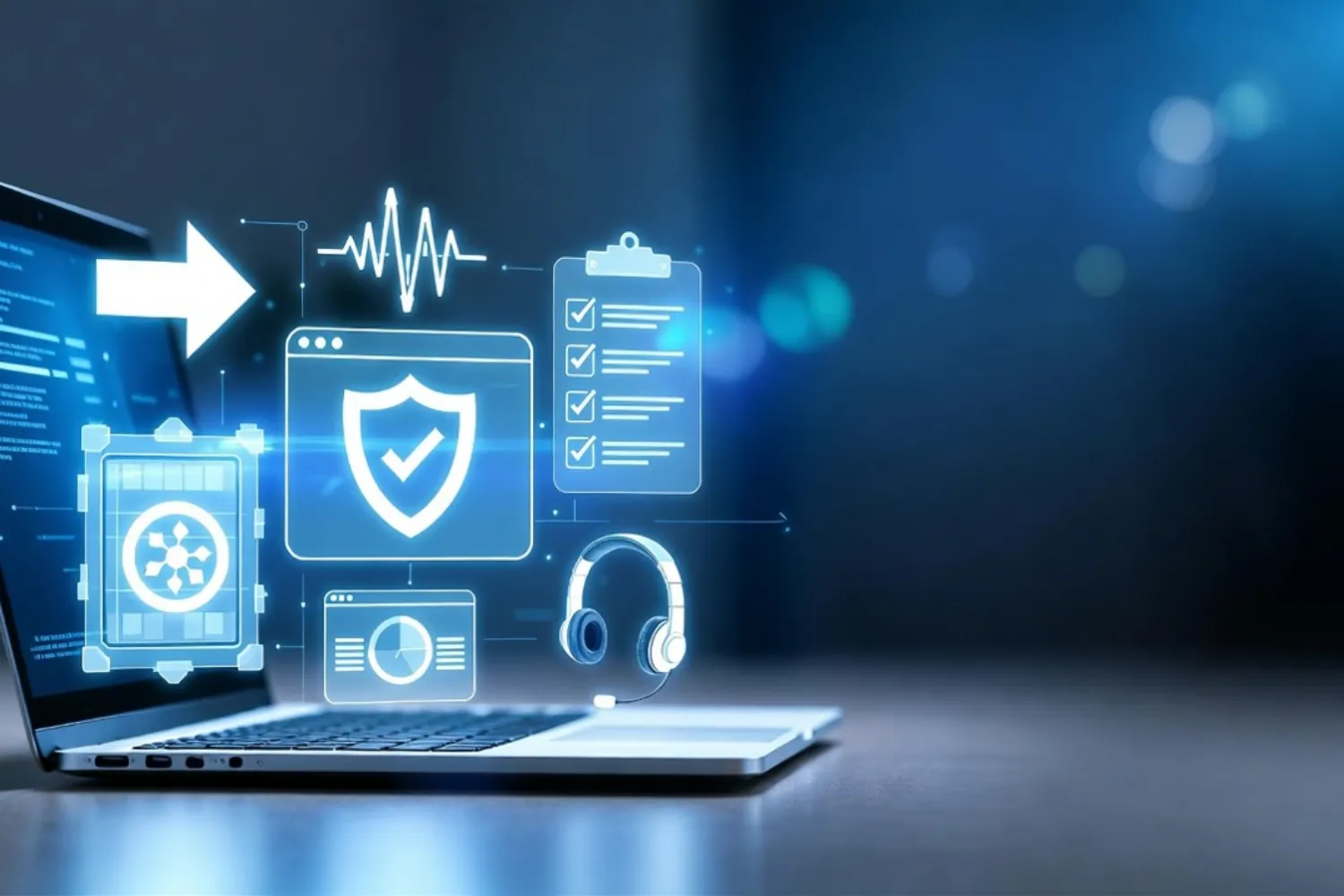 Digital security and compliance dashboard with laptop and icons for data protection, checklists, and support.
