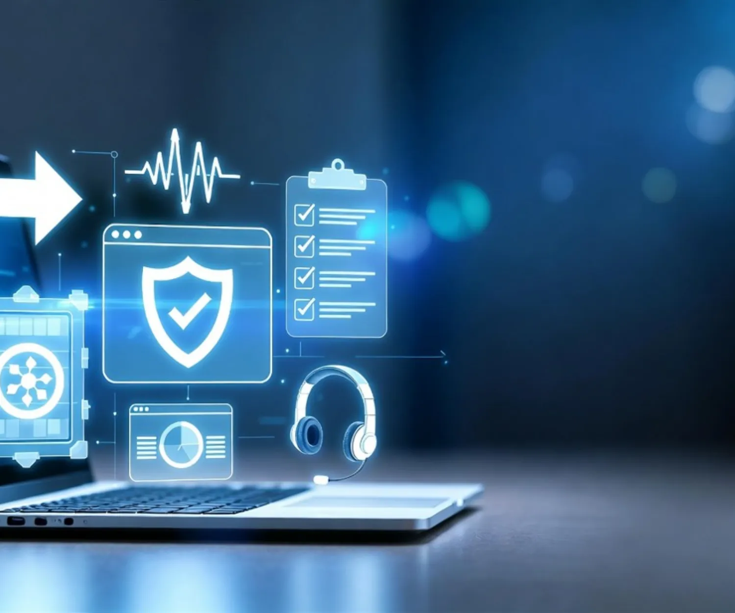 Digital security and compliance dashboard with laptop and icons for data protection, checklists, and support.