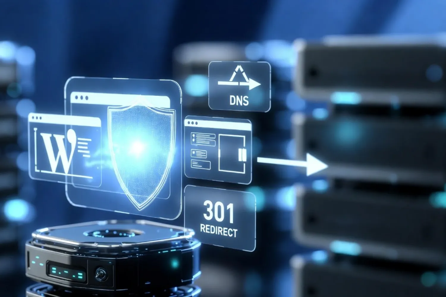 Website security concept showing DNS and 301 redirect with server racks in background.