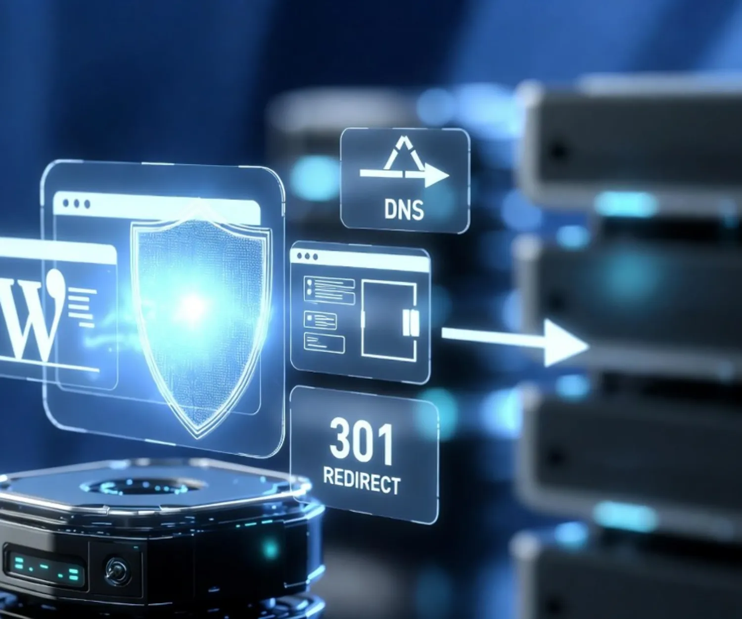 Website security concept showing DNS and 301 redirect with server racks in background.