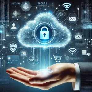 Premium managed web hosting concept illustration showing a glowing cloud with a secure padlock hovering above a hand, surrounded by icons for ecommerce, payments, email, WiFi, and cybersecurity, representing secure and scalable online store hosting.