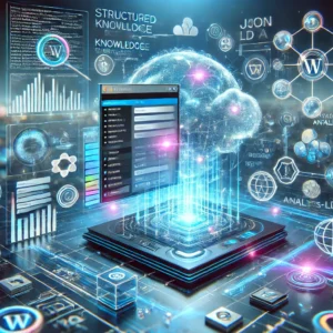 Concept illustration of a WordPress dashboard connected to an AI cloud, with flowing data streams, neural networks, and structured knowledge graphs.