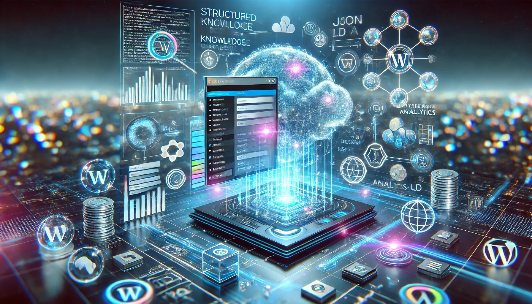 Concept illustration of a WordPress dashboard connected to an AI cloud, with flowing data streams, neural networks, and structured knowledge graphs.