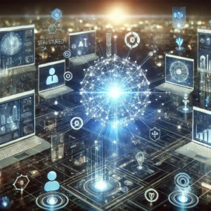 A wide cinematic illustration showing a glowing AI intelligence hub at the center of a digital network. Multiple website interfaces appear as floating screens arranged around the hub, each sending bright blue data streams into a radiant spherical AI core. From the core, refined knowledge signals flow back outward through interconnected lines and nodes. Transparent holographic overlays display network diagrams, knowledge graphs, and AI processing elements. The scene uses deep blue and cool gradient tones with sleek, corporate technology styling. In the softly blurred background, a modern city skyline glows with lights, enhancing the futuristic managed IT services atmosphere.