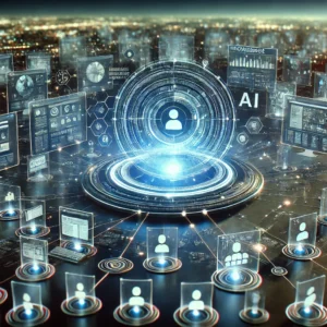 Futuristic AI control hub managing multiple websites, with glowing dashboard panels, analytics charts, and connected data pipelines surrounding a central artificial intelligence platform over a blurred city skyline in deep blue tones.