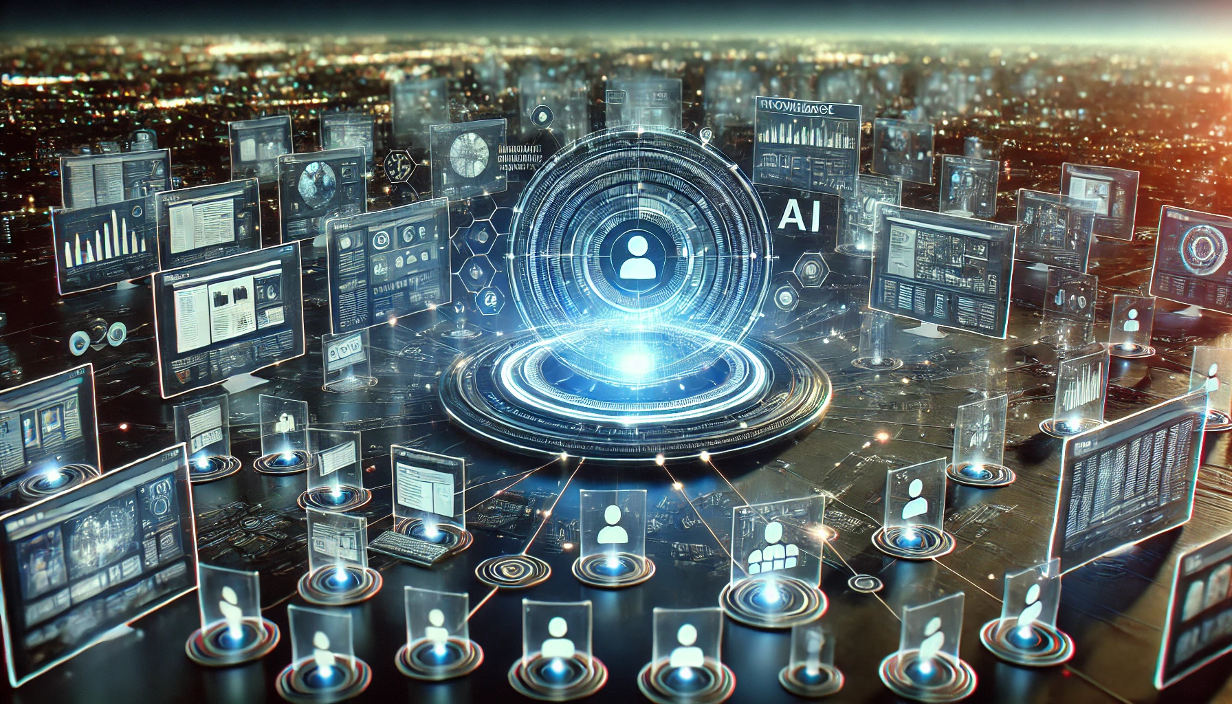 Futuristic AI control hub managing multiple websites, with glowing dashboard panels, analytics charts, and connected data pipelines surrounding a central artificial intelligence platform over a blurred city skyline in deep blue tones.