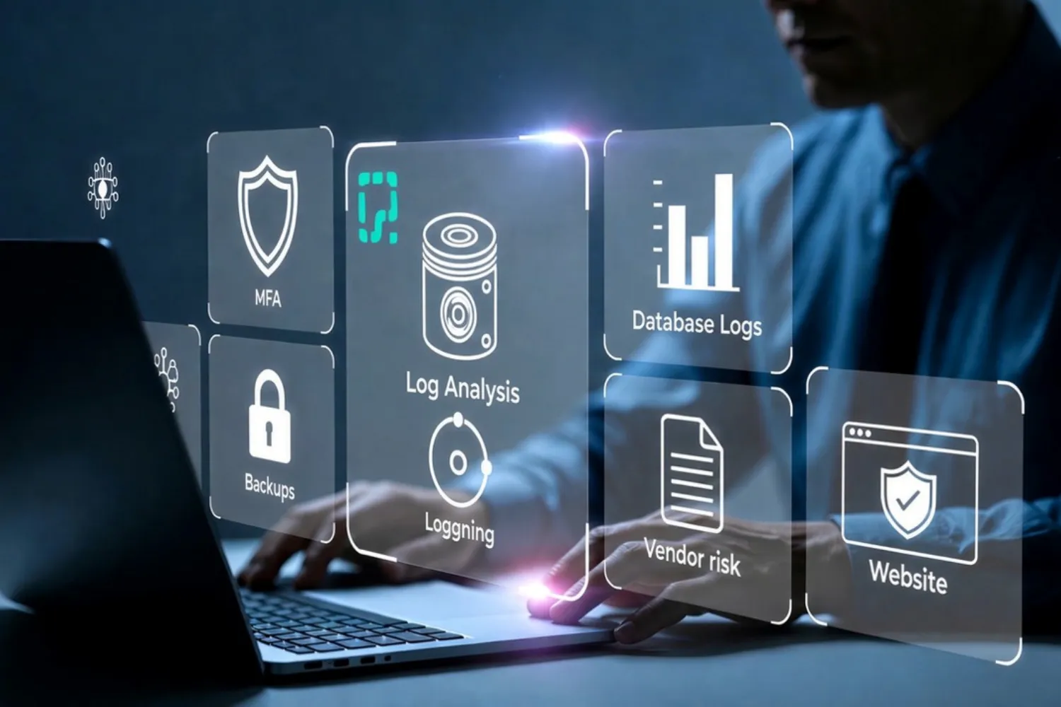 Cybersecurity icons: MFA, Log Analysis, Database Logs, Backups, Logging, Vendor Risk, Website.