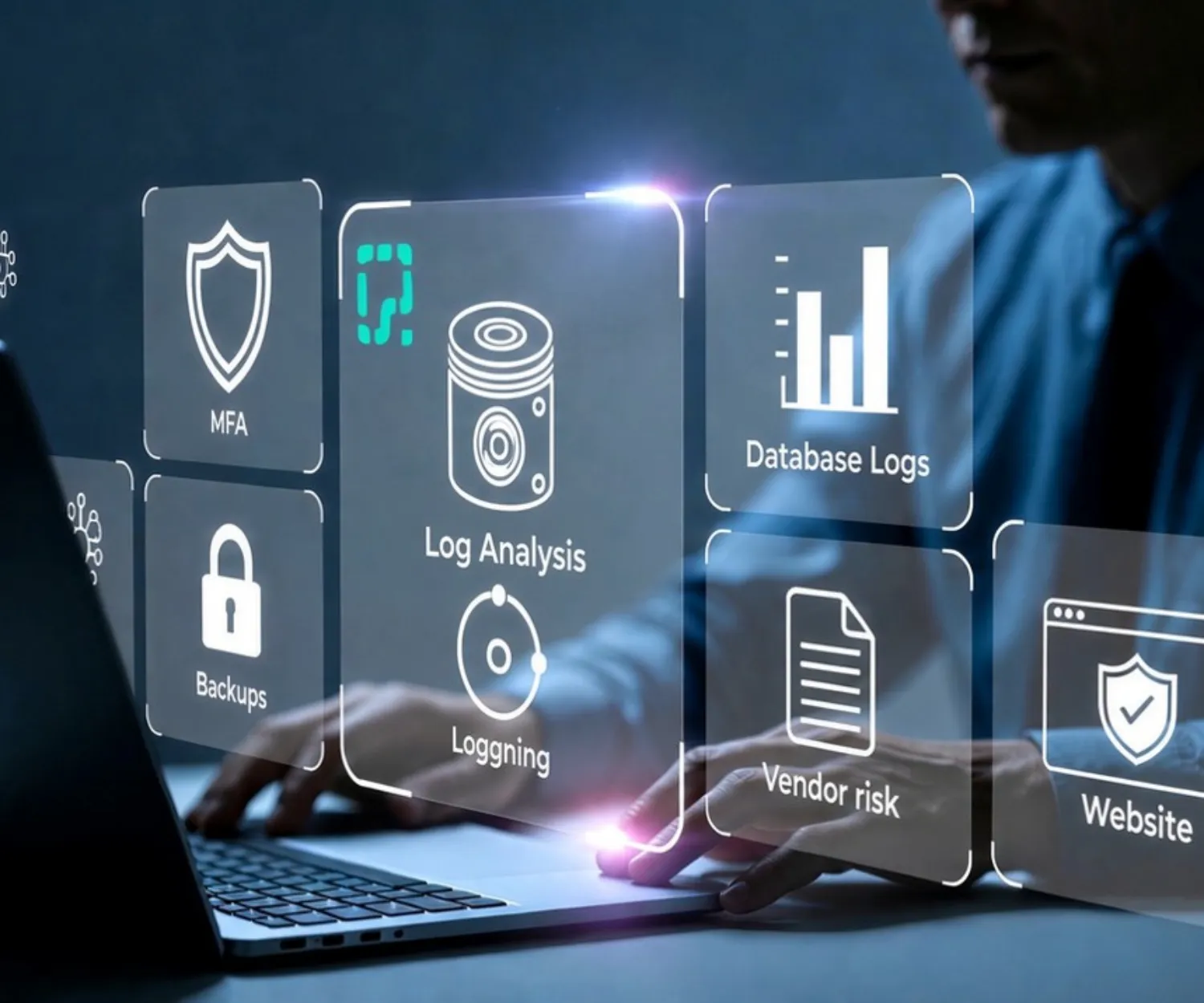 Cybersecurity icons: MFA, Log Analysis, Database Logs, Backups, Logging, Vendor Risk, Website.