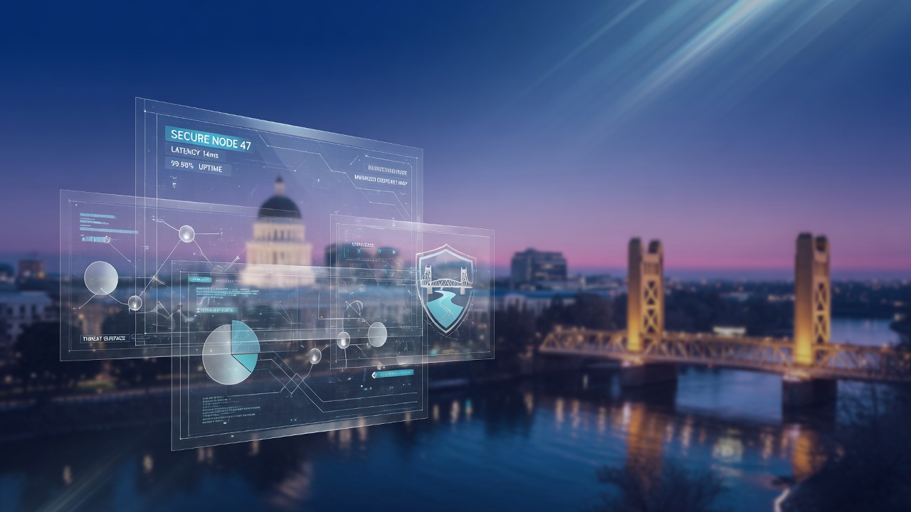 Benefits of managed IT services shown through holographic digital overlays against a calm Sacramento skyline at dusk