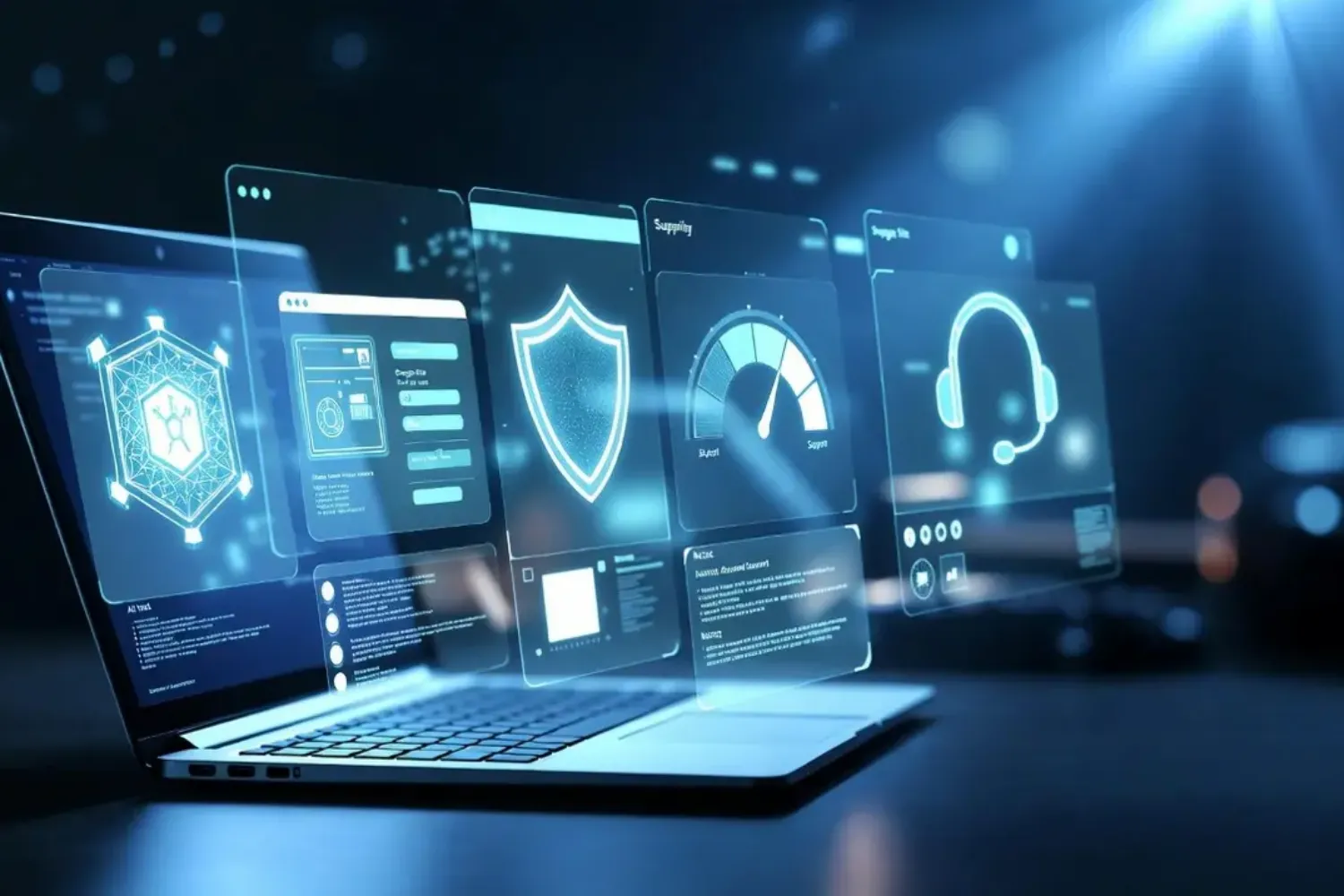 Futuristic laptop displaying holographic interfaces with cybersecurity, performance metrics, and customer support icons.
