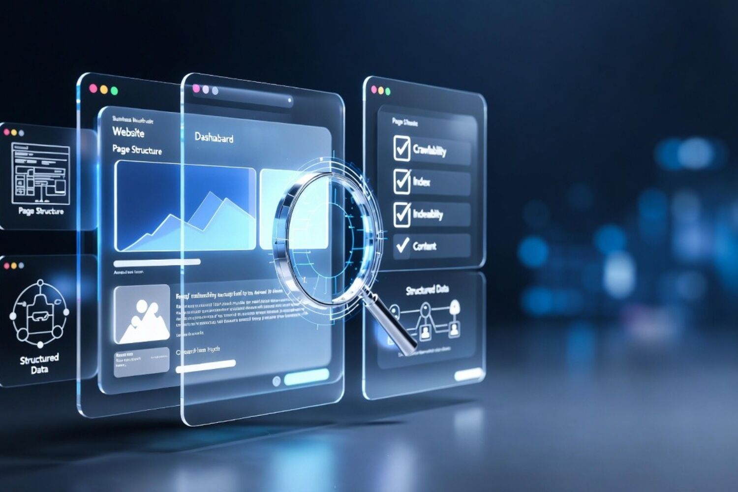 Digital dashboard with SEO elements like page structure, crawlability, index, and structured data analyzed by a magnifying glass.