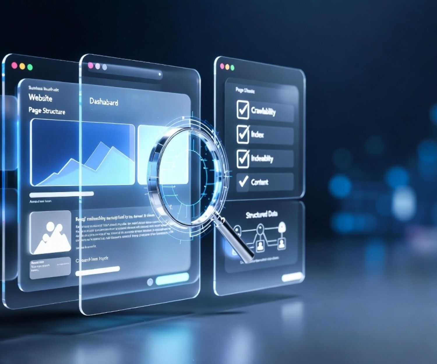 Digital dashboard with SEO elements like page structure, crawlability, index, and structured data analyzed by a magnifying glass.